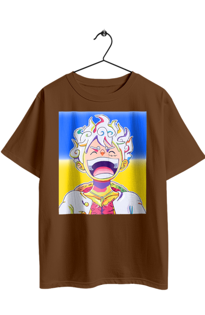 Футболка оверсайз з принтом "Монкі д Луффі сміється на жовто блактному фоні". Ван піс, луффі, монкі д. луффі, прапор україни, символ україни, україна. 2070702