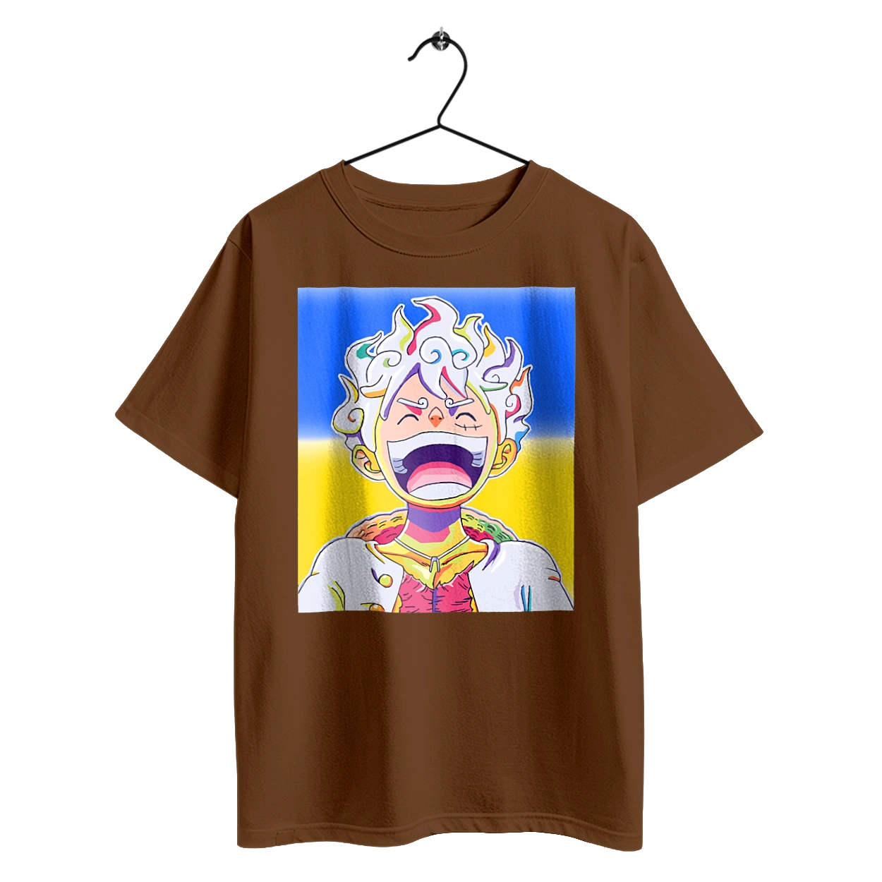 Монки д Луффи смеется на желтом синем фоне.