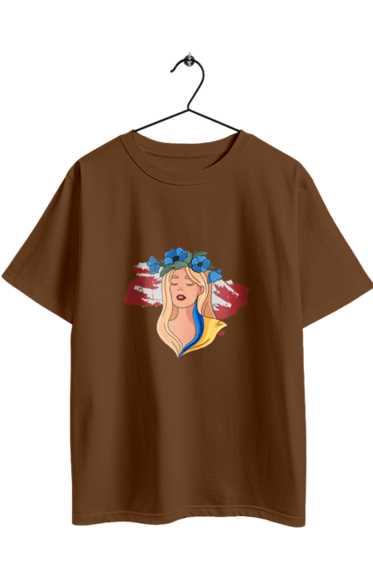 Oversized t-shirt with prints Girl on the map of Ukraine. Blue, flag, flowers, girl, girl on the map, map of ukraine, red, ukraine, yellow. 2070702