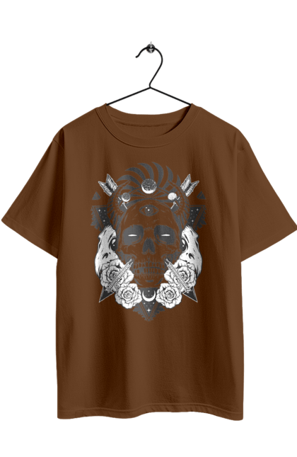 Футболка оверсайз з принтом "Череп з оком". Зірки, зуби, кістки, місяць, око, роги, стріла, трикутник, троянди, череп. 2070702