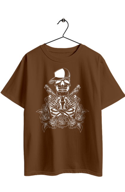 Oversized t-shirt with prints Skeleton with pistols. Black and white, bones, cap, gun, roses, scull, skeleton, teeth. 2070702