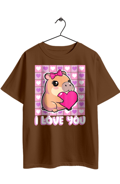 Футболка оверсайз з принтом "Закохана капібара". I love you, валентинка, день святого валентина, капибара, кохання, милі тварини, пара капібар, романтика, романтичний подарунок, серця. 2070702