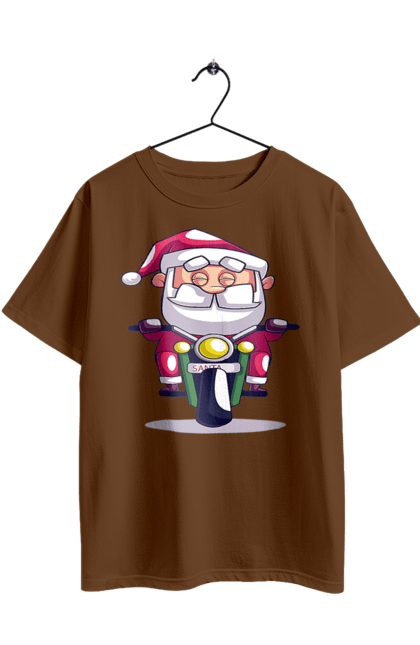 Футболка оверсайз з принтом "Щасливий Санта на мотоциклі". 2022, дід мороз, зима, мотоцикл, новий рік, різдво, санта, сніг. 2070702