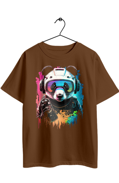 Oversized t-shirt with prints Panda in VR Helmet. Character, geek, helmet, panda, virtual reality. 2070702