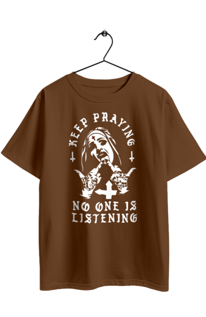 Футболка оверсайз з принтом "Монашка фак". Крута, метал, модна, молодіжна, ніхто не слухає, продовжуй молитися, рок, стильна, фак, черниця. 2070702