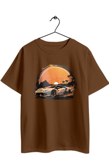 Футболка оверсайз з принтом "Ламборджині на заході сонця". Авто, автомобіль, ламборджині, машина, машини. 2070702