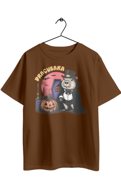 Футболка оверсайз з принтом "Капібара Хелловін". Capybara, halloween, вампір, водосвинка, гарбуз, гризун, капібара, свято, тварина, хелловін. 2070702