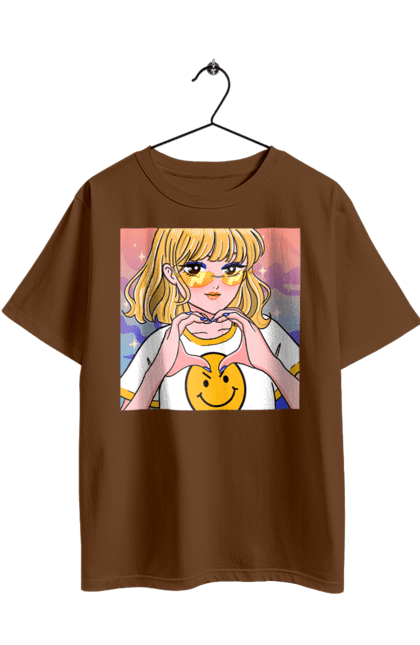 Футболка оверсайз с принтом Желтая Девочка. Аниме, девочка, смайл. 2070702