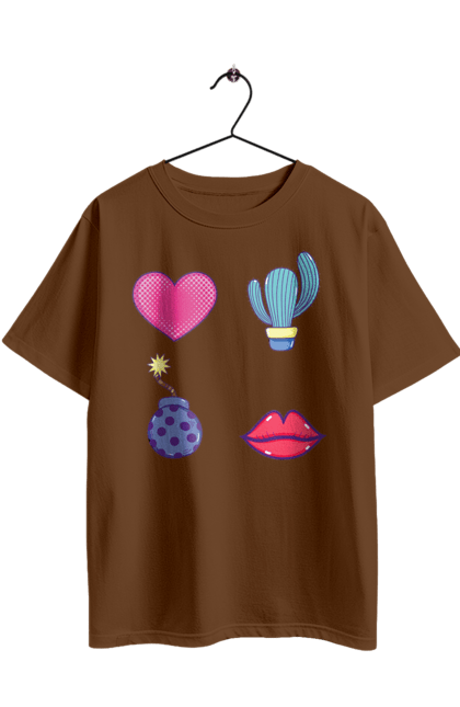 Oversized t-shirt with prints Heart, Cactus, Bomb, Lips. Bomb, cactus, lips. 2070702