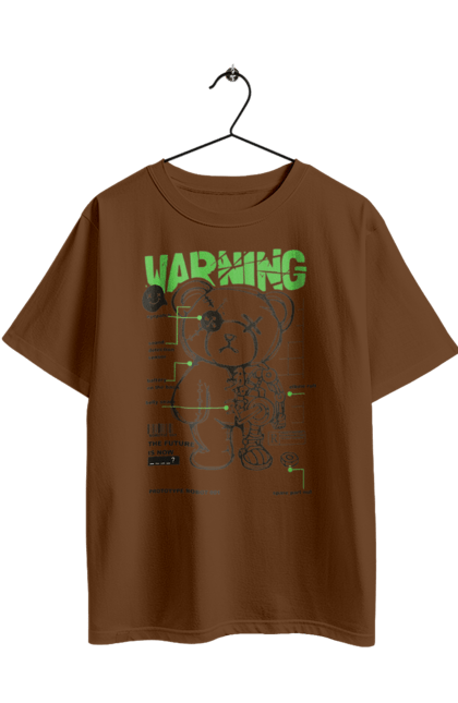 Oversized t-shirt with prints Robot bear. Attention, bear, details, robot, toy, warning. 2070702