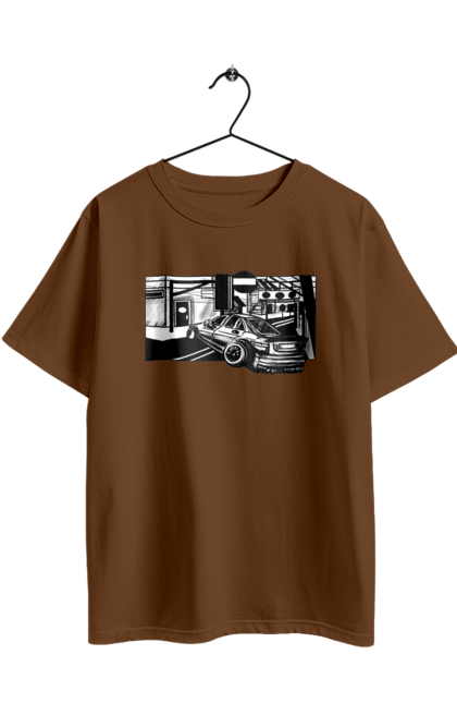 Футболка оверсайз з принтом "Небезпечний Автомобіль на дорогах вулиць". Автомобіль, гонки, машина, небезпечний, чорно білий, швидкий. 2070702