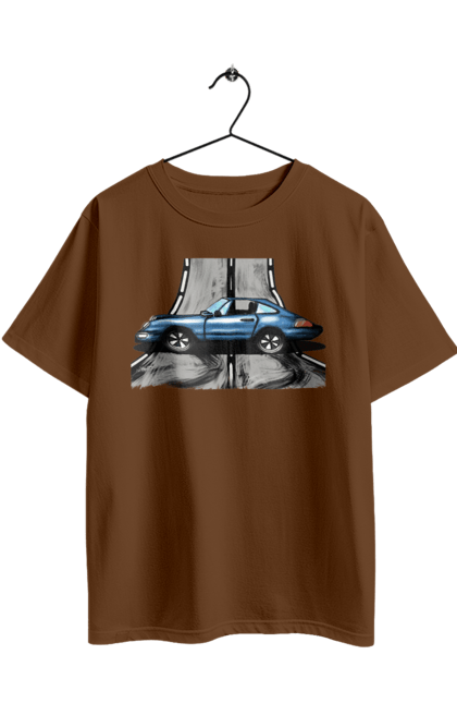 Футболка оверсайз з принтом "Спортивний Автомобіль На Дорозі". Автомобіль, гонки, синій, спортиного, швидкий, швидкісний. 2070702