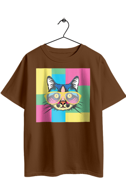 Oversized t-shirt with prints Cat with glasses. Animal, art, bright, cat, cat, glasses, mustache, picture, wool. 2070702