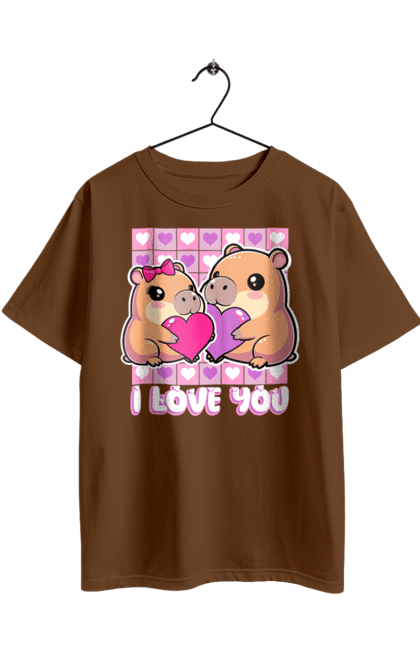 Футболка оверсайз з принтом "Закохана капібара". I love you, валентинка, день святого валентина, капибара, кохання, милі тварини, пара капібар, романтика, романтичний подарунок, серця. 2070702