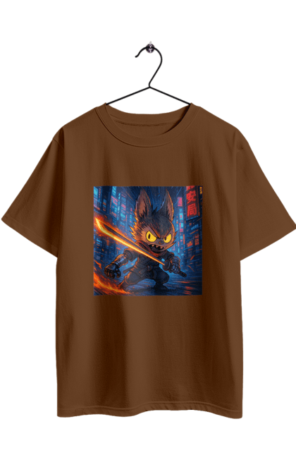 Футболка оверсайз з принтом "Лабубу". Аніместиль, дія, катана, кіберніндзя, кіберпанк, лабубу, меч, неонове місто, очі` що світяться. 2070702