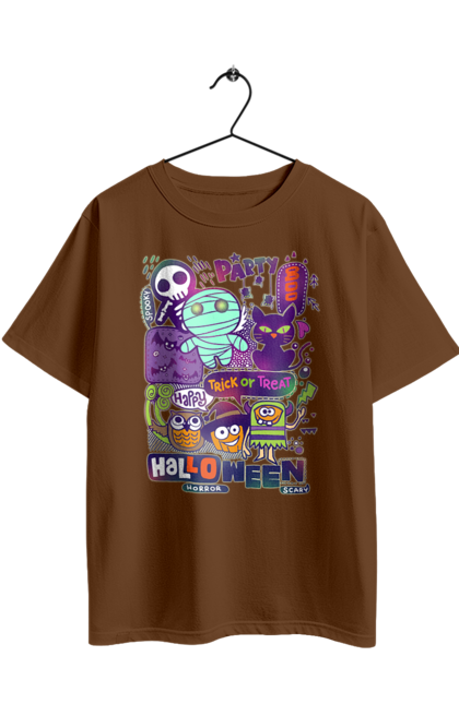 Oversized t-shirt with prints Halloween Trick or Treat. Costume, ghost, halloween, holiday, october, october 31, pumpkin, skeleton, sweets, trick or treat. 2070702
