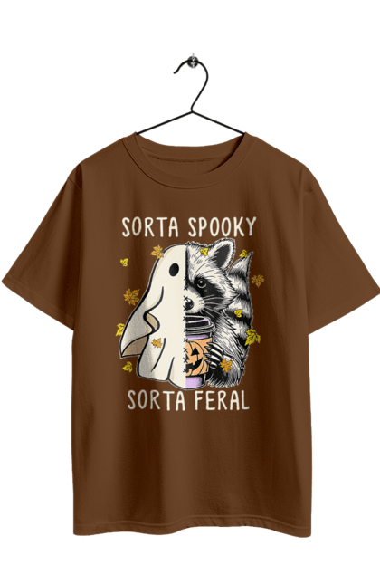 Футболка оверсайз з принтом "Хелловін Привид Єнот". Halloween, гелловін, єнот, жовтень, капощі, ласощі, лякати, привид, свято, хелловін. 2070702