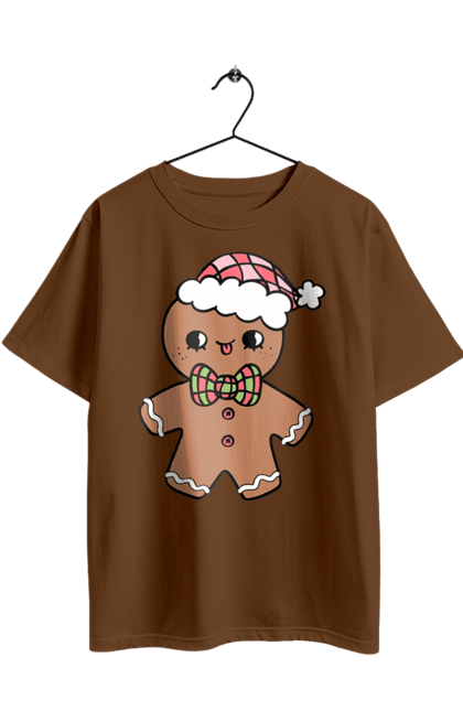 Oversized t-shirt with prints Gingerbread in a Christmas hat. Christmas, christmas decor, christmas print, cookie, festive mood, gingerbread cookies, new year, sweets, winter holidays. 2070702