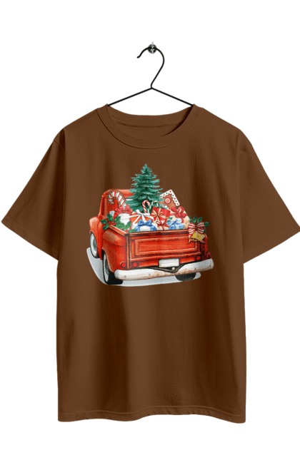 Футболка оверсайз з принтом "Авто з подарунками". Автомобіль, новий рік, подарунки, різдво, санта, ялинка. 2070702