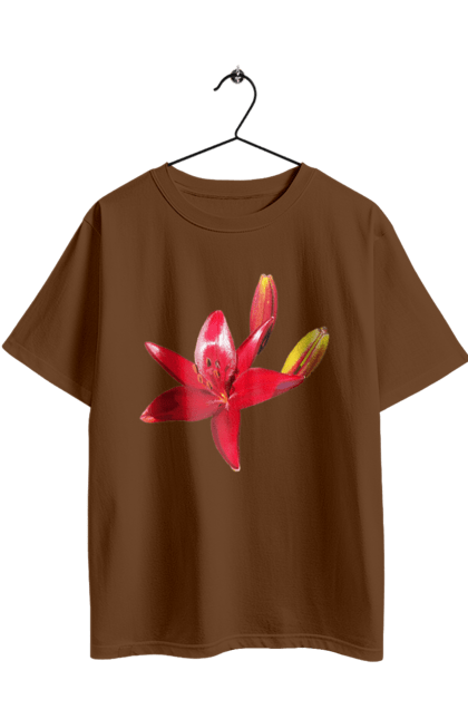 Oversized t-shirt with prints Red lily. Bright, bud, buds, color, flower, lily, nature, red, red flower, red lily, sunny. 2070702