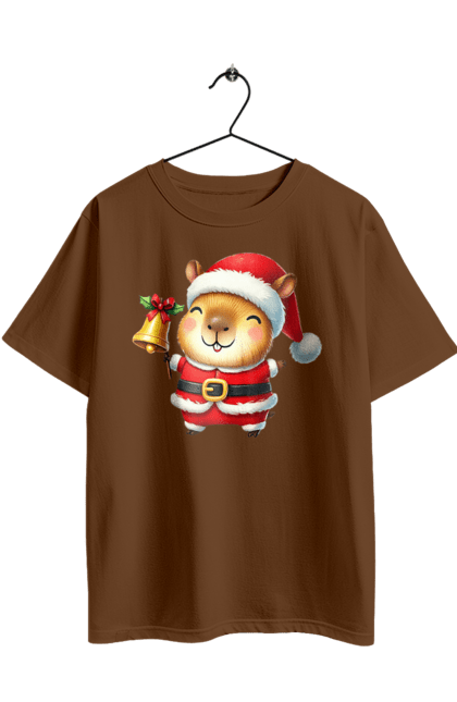 Футболка оверсайз з принтом "Весела капібара з дзвіночком". Дзвіночок, капібара, новий рік, новорічний подарунок, подарунок, різдво, різдвяна капібара, санта, свято, тварина. 2070702
