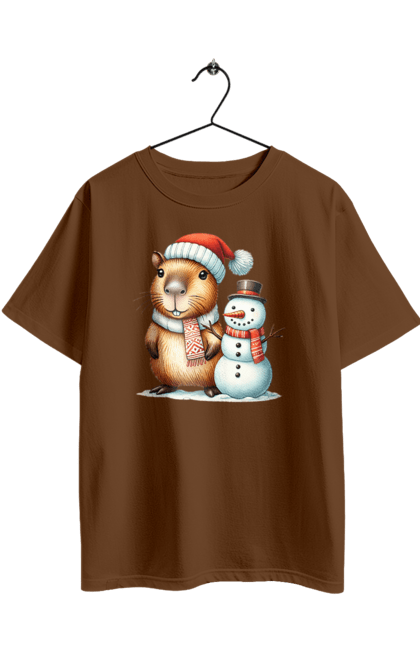 Футболка оверсайз з принтом "Капібара та сніговик". Капібара, новий рік, новорічний подарунок, подарунок, різдво, різдвяна капібара, санта, свято, сніговик, тварина. 2070702