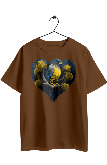 Футболка оверсайз з принтом "Синьо жовтий сокіл". Дерево, прапор україни, серце, символ україни, сокіл, україна. 2070702