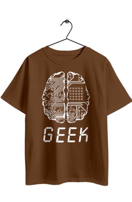 Oversized t-shirt with prints Geek Brain. Brain, chip, code, computer, crystal, cyber, cybernetics, cyborg, developer, engineer, geek, it, it specialist, knowledge, mind, printed circuit board, profession, professional, programmer. 2070702