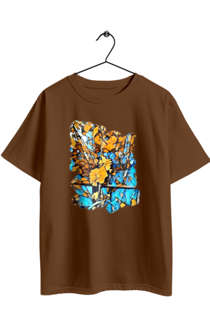 Футболка оверсайз з принтом "Жовті квіти на синьому фоні". Арт, жовтий та синій, жовті квіти, жовто-синій, квіти, малюнок, природа, синій та жовтий, синьо-жовтий. 2070702