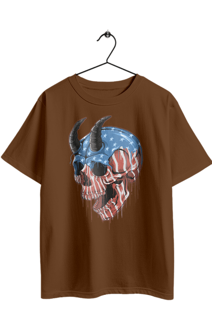 Oversized t-shirt with prints Skull with horns. America, bones, dye, flag, horns, scull, states, teeth, usa. 2070702