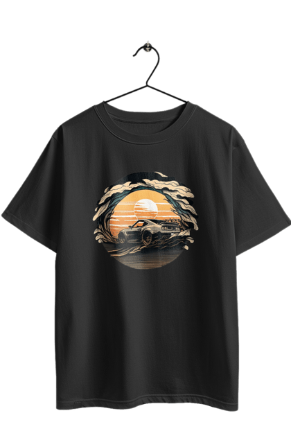 Футболка оверсайз з принтом "Додж на заході сонця". Авто, автомобіль, додж, машина, машини. 2070702