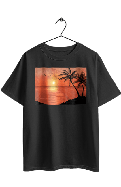 Футболка оверсайз з принтом "Захід Пальми Море". Берег, захід, море, пальми. 2070702