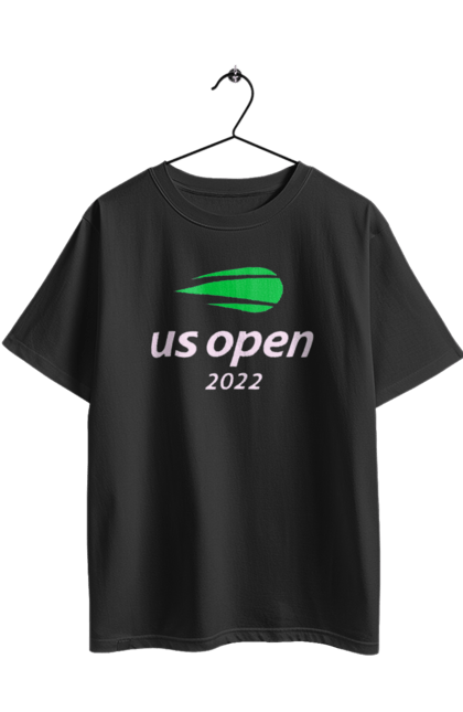 Футболка оверсайз з принтом "Тенісний турнір US Open 2022". Великий теніс, відкритий чемпіонат, гравці, м`яч, нью йорк, призовий фонд, ракетка, турнірна сітка, хард, чемпіонат америки. 2070702