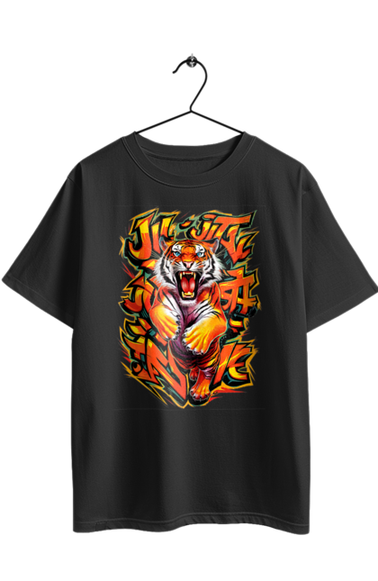 Футболка оверсайз с принтом Джиу джитсу. Jujutsu, боевые искусства, джиу-джитсу, дзюдзюцу, животное, ниндзя, самурай, спорт, тигр, япония. 2070702