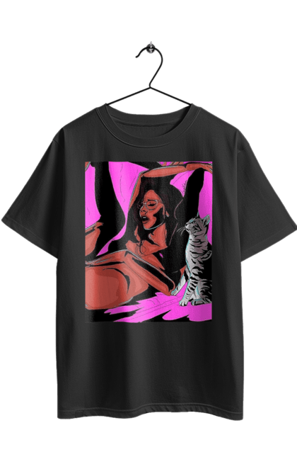 Футболка оверсайз з принтом "Дівчина Отримує Задоволення". Гола, задоволення, кішка, пристрасть. 2070702