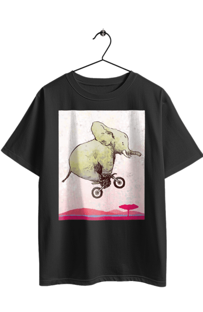 Футболка оверсайз з принтом "Слон На Мотоциклі". Мотоцикл, політ, слон. 2070702