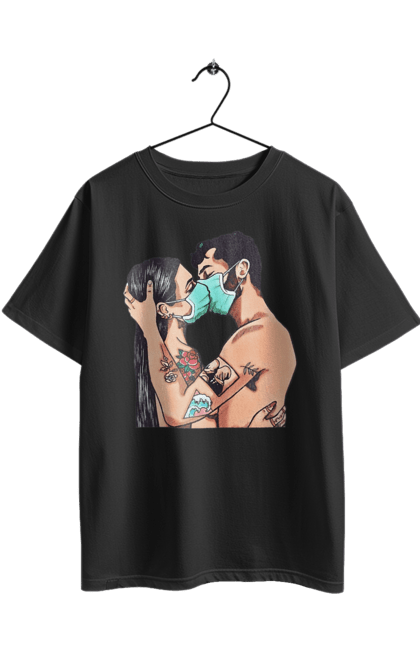 Oversized t-shirt with prints Coronavirus Love. Coronavirus, kiss, love, mask, quarantine. 2070702