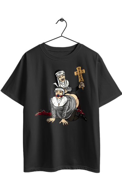 Футболка оверсайз з принтом "Монашки БДСМ". Бдсм, крута, модна, молодіжна, плескає по дупі, рок, рольові ігри, черниці бдсм, черницю, черниця. 2070702