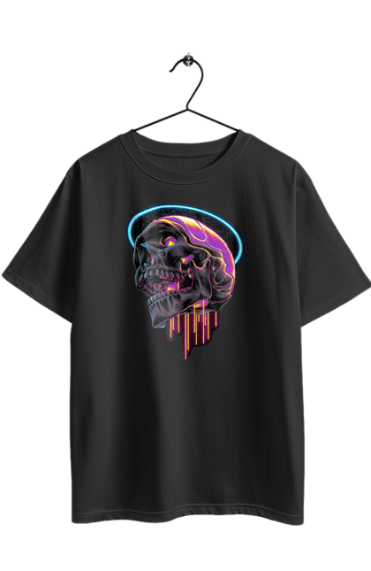 Oversized t-shirt with prints Skull. Black and white, bones, neon, scull, teeth. 2070702