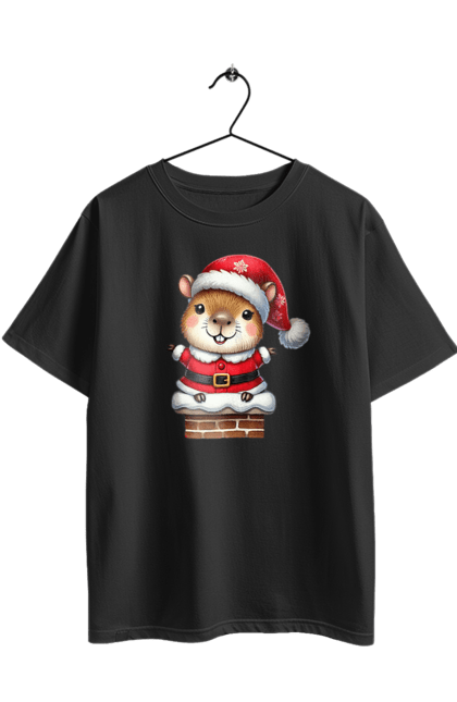 Футболка оверсайз з принтом "Різдвяна капібара". Капібара, новий рік, новорічний подарунок, подарунок, різдво, різдвяна капібара, санта, свято, тварина. 2070702