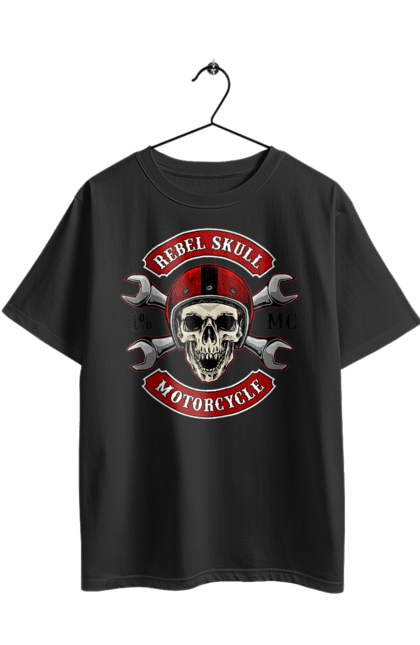 Футболка оверсайз з принтом "череп мотолюбитель". Любитель, мотоцикл, череп, шолом. 2070702