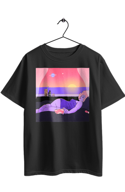 Футболка оверсайз з принтом "Фіолетова Дівчина На Відпочинку". Дівчина, захід, телефон. 2070702