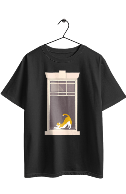Футболка оверсайз з принтом "Кіт В Вікні". Вікно, кіт, потягушки, рудий. 2070702