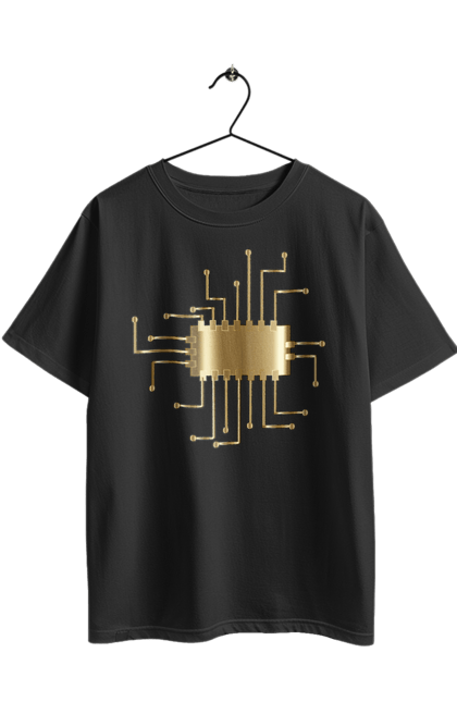 Футболка оверсайз з принтом "Золотий Чіп". Айті, айтішник, гик, золотий, золото, інженер, кібернетика, код, комп, комп’ютерник, кристал, мікросхема, програміст, професія, розробник, чіп. 2070702