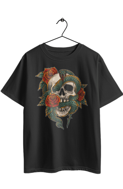 Oversized t-shirt with prints Skull with a snake. Bones, flowers, roses, scales, scull, snake, spikes, teeth. 2070702