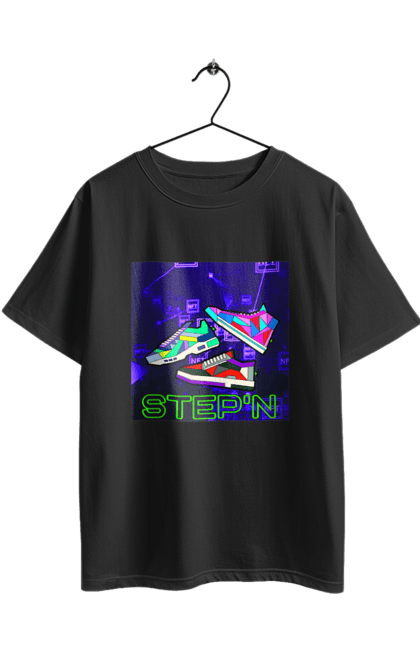 Футболка оверсайз з принтом "Step`n". Віртуальні кросівки, крипта, криптовалюти, нфт, нфт кросівки, солана, степен. 2070702