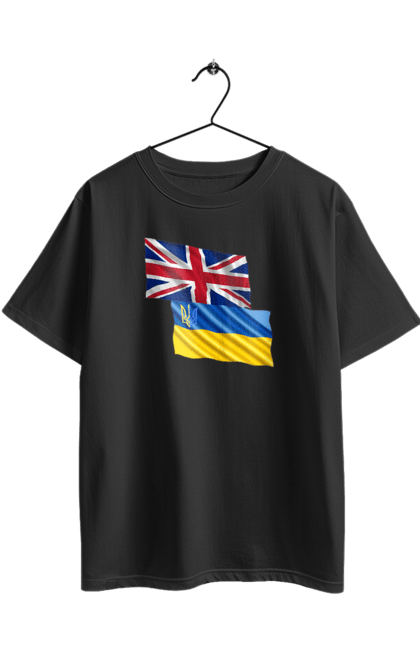 Футболка оверсайз з принтом "Прапор Великої Британії, прапор України, Підтримка України". Британія, велика британія, війна, киев, мир, національні кольори, прапор, прапор британії, прапор великої британії. 2070702