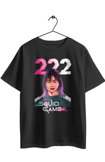 Футболка оверсайз з принтом "Гра в кальмара Кім Чун Хі". 222, kim jun-hee, netflix, squid game, гра в кальмара, гравець 222, ким чун хі, нетфлікс, серіал. 2070702