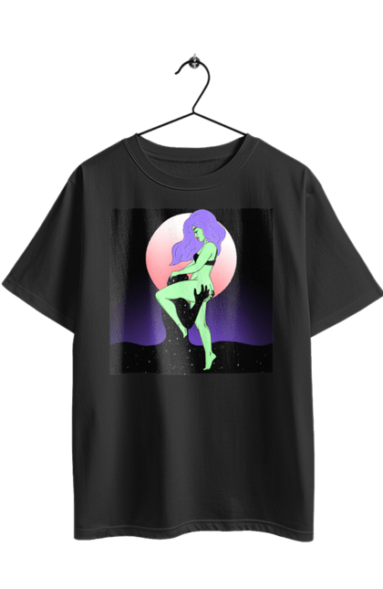 Футболка оверсайз з принтом "Зелена Дівчина І Місяць". Інопланетянка, місяць. 2070702