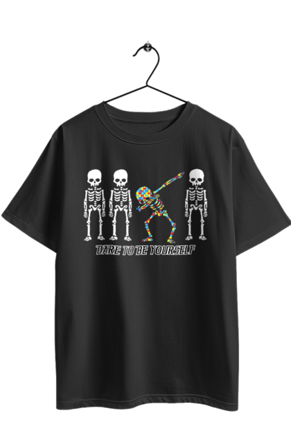 Футболка оверсайз з принтом "Наважся бути собою". Бути собою, індивідуальність, креативність, особистість, самовираження, скелет, танцювальний скелет, чоловічі. 2070702
